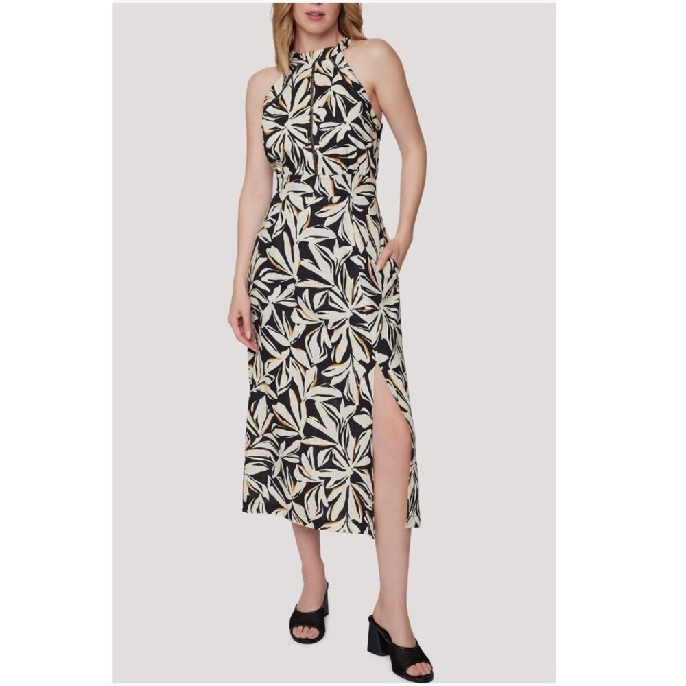 Lost + Wander Genevieve Ladder Linen Blend Midi Dress Size Large Black/Cream NWT